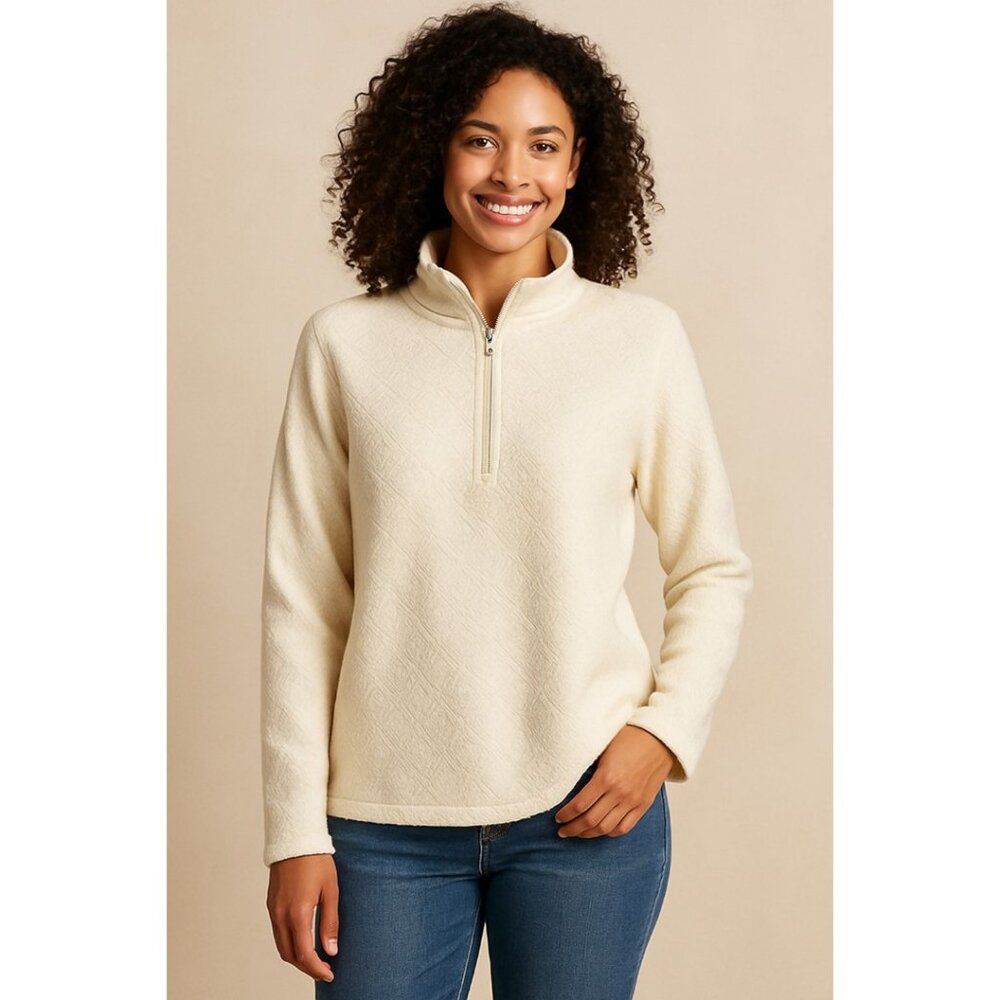 Eddie Bauer Women’s 1/4 Zip Fleece Pullover Top – Ivory Textured Knit – Size XL